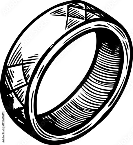 engraved metal ring illustration vintage band with geometric facets and hand drawn etching details