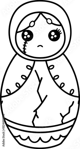 sad cracked matryoshka doll with stitches and broken surface in simple black and white outline