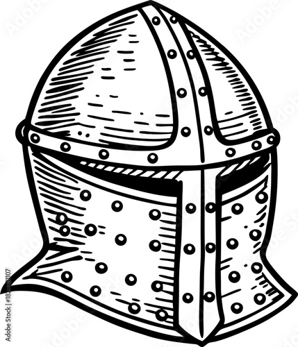 Medieval knight helmet illustration hand drawn steel armor headpiece with rivets and cross design