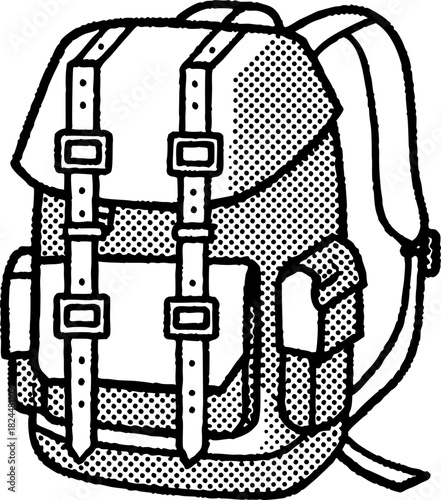 Vintage hiking backpack with twin buckle straps and side pockets, retro adventure travel gear illustration