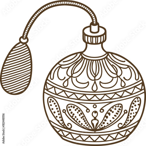 Vintage ornate perfume bottle with atomizer bulb, floral decoration, elegant cosmetic container illustration