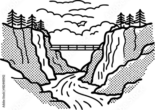 Bridge over canyon river with pine trees and dotted cliffs under cloudy sky illustration