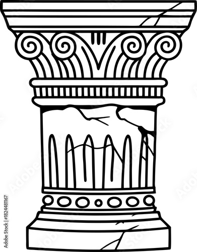 Ancient corinthian column capital with decorative scrolls and cracked stone base illustration
