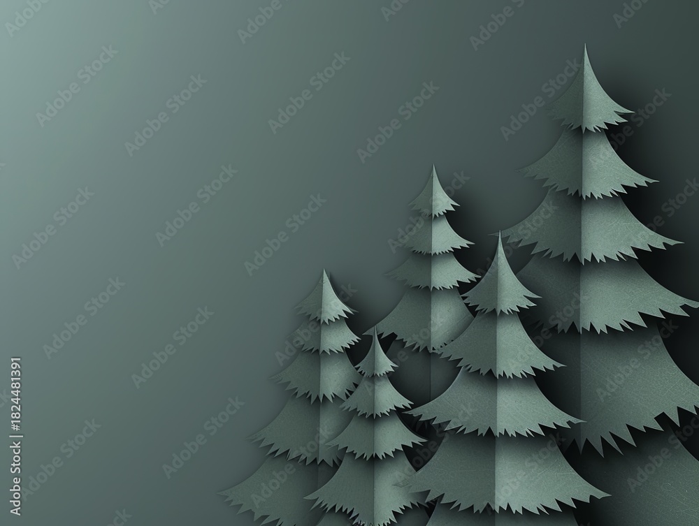 Obraz premium Paper craft pine trees arranged in a cluster against a dark gray background
