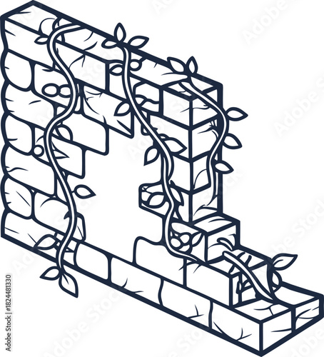 Ruined brick wall with climbing ivy vines and foliage in minimalist outline illustration