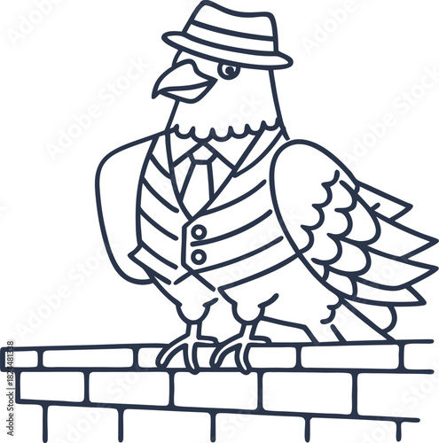 Dapper bird in suit and hat perched on brick wall, stylish anthropomorphic pigeon character illustration