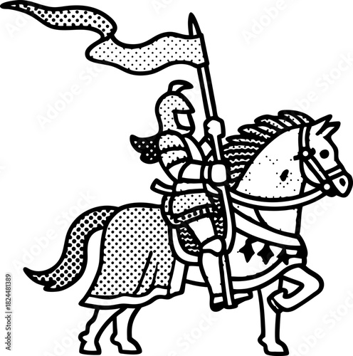 Medieval armored knight on galloping horse holding flag, vintage dotted engraving illustration
