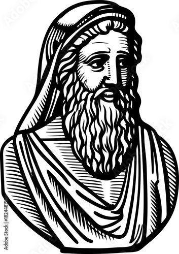 ancient philosopher bust illustration wise bearded man in hooded robe, classic greek engraving