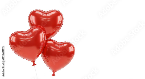 A high-resolution, photorealistic digital rendering features three bright red, heart-shaped foil balloons positioned in the lower-left quadrant against a transparent background.
