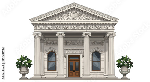 Stunning classical building with columns and floral urns for elegant architecture designs, historical illustrations, or architectural renderings