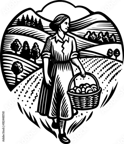 Woman farmer walking through rural fields carrying harvest basket of apples in countryside