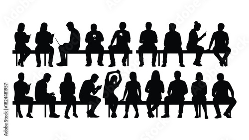 Silhouettes of people engaged with digital devices on benches isolated on white background, Vector