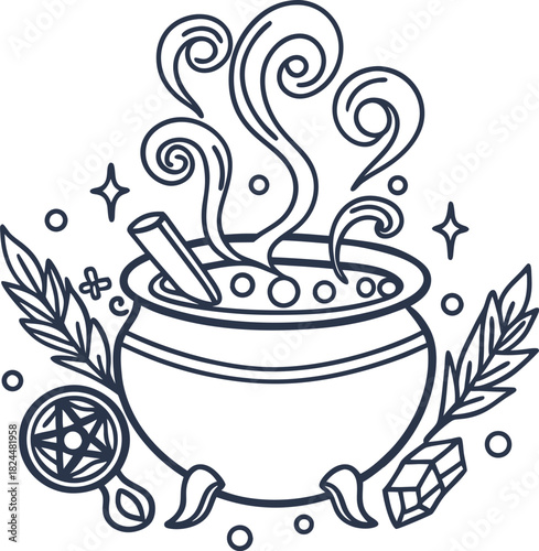 Mystical witch cauldron with magical potion, herbs, crystal and pentacle line art illustration
