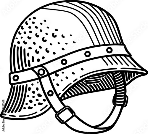 Medieval metal helmet with chin strap vintage knight armor headgear illustration