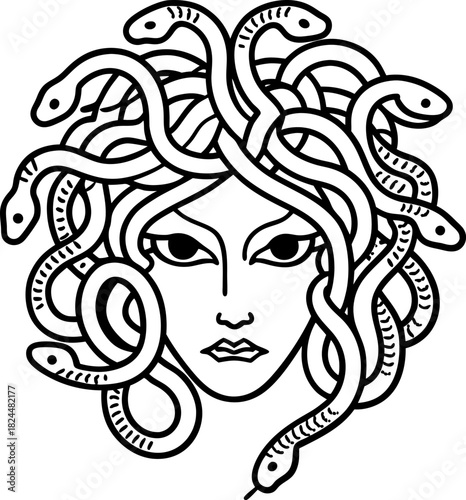 Medusa mythological gorgon head with snakes for hair, ancient greek legendary monster illustration