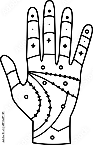 Mystical palmistry hand with astrological symbols and energy lines, occult divination illustration