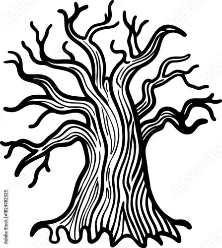 Twisted bare tree silhouette with gnarled branches and detailed bark line art illustration