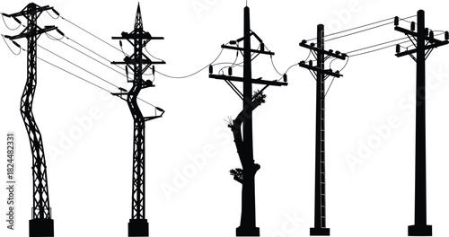 Silhouette of electricity poles and transmission towers with power lines, industrial infrastructure concept, energy distribution, urban utility design art