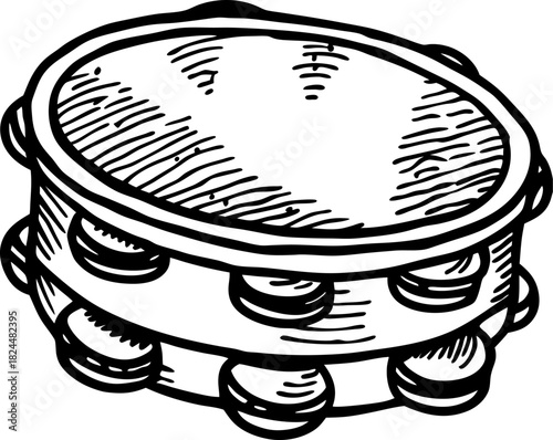 Tambourine musical instrument hand drawn percussion illustration with jingles and wood frame