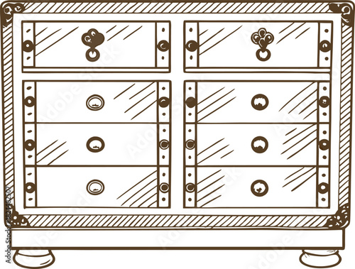 Vintage wooden dresser with ornate handles and mirrored drawers, classic furniture illustration