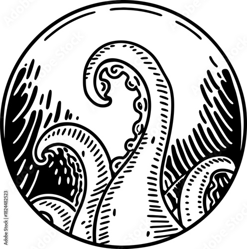 intricate tentacles rising in circular frame monochrome marine creature illustration with bold line art