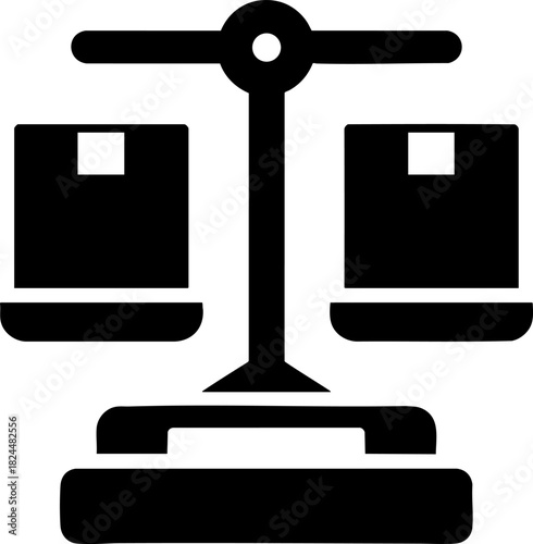 Black flat vector icon of a weight scale used for measuring packages in warehouses and inventory