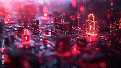 Digital security concept with glowing red padlocks on circuit board