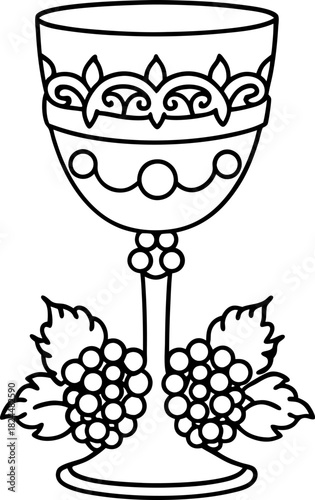 Decorative chalice with grapevine ornament, ornate cup with grapes and leaves design