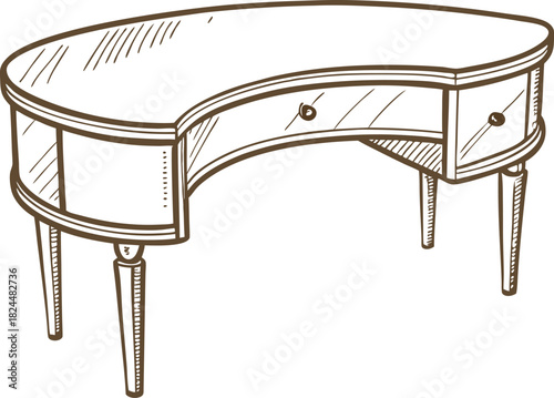 Curved wooden writing desk with drawers and tapered legs, hand drawn vintage furniture illustration