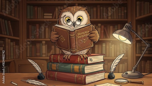 Whimsical owl scholar reading a vintage book in a cozy library, perfect for children's education or magical storytelling illustrations and book covers