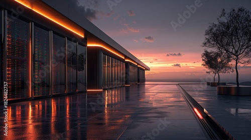 Modern data center building reflecting sunset digital data