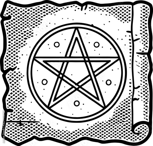 Ancient magic scroll with pentagram symbol, mystical occult parchment for esoteric rituals