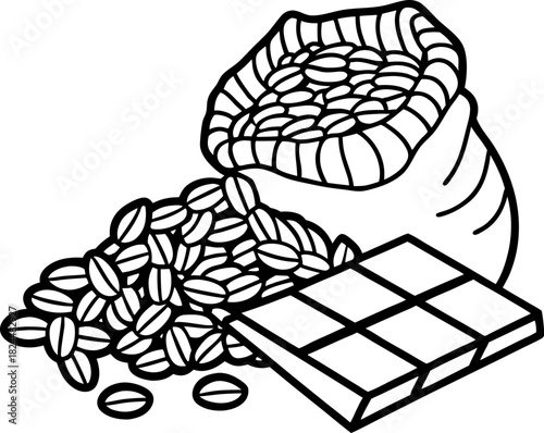 Coffee beans in burlap sack with chocolate bar, cocoa dessert ingredients outline icon illustration