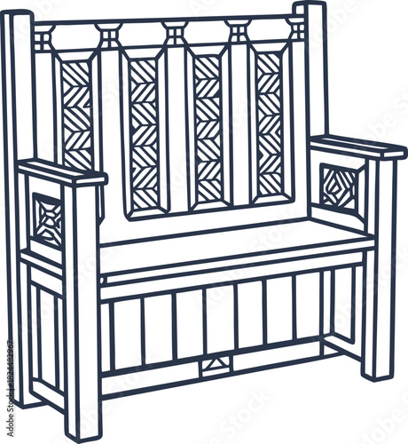 Intricate wooden bench outline with geometric lattice backrest and decorative armrest details