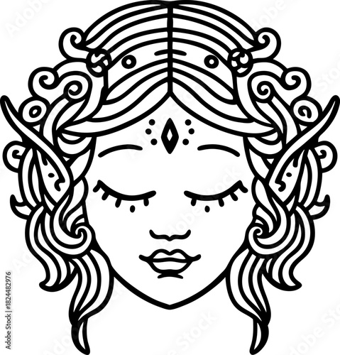 Enchanting elven woman with closed eyes, ornamental hair and mystical forehead jewel line art