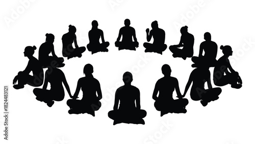 Meditating group circle silhouette isolated on white background, Vector