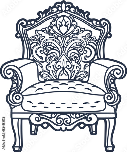 Ornate vintage armchair illustration with decorative floral backrest and cushioned seat design