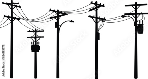 Silhouette of electricity poles with power lines, transformers, and street lamps on white background, urban energy, electric infrastructure, technology