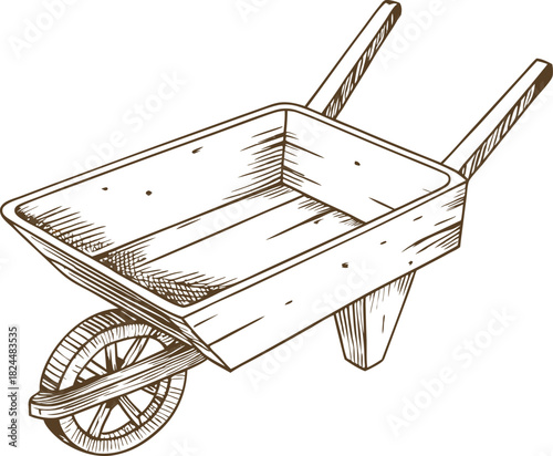 Vintage wooden wheelbarrow illustration, hand drawn garden cart with single front wheel and handles