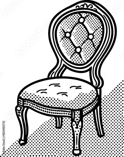 Ornate vintage chair illustration with dotted shading and decorative upholstered backrest