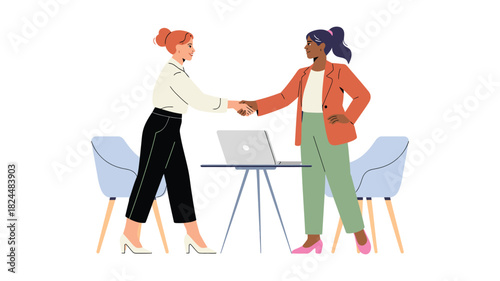 illustration of two businesswomen shaking hands across table with laptop in professional agreement or partnership setting