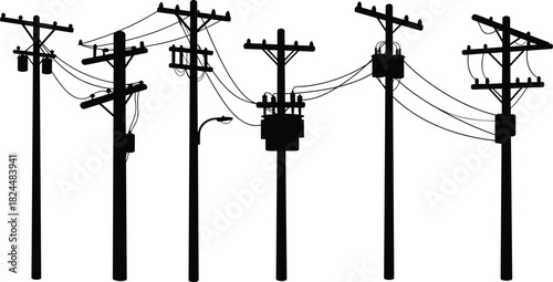 Silhouette of electricity utility poles with power lines, transformers, and cables on white background, energy infrastructure, electrical engineering, urban landscape