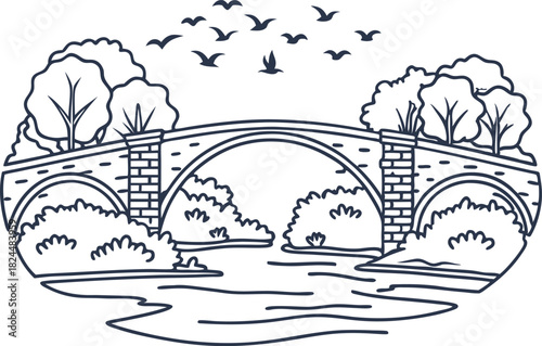 Old stone arch bridge over calm river with trees, bushes and flying birds in peaceful landscape