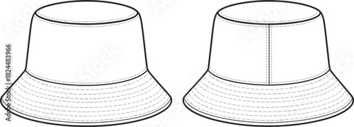 Bucket hat technical sketch, front and side view, smooth and seamed crown, fashion vector template, cad drawing flat vector illustration
