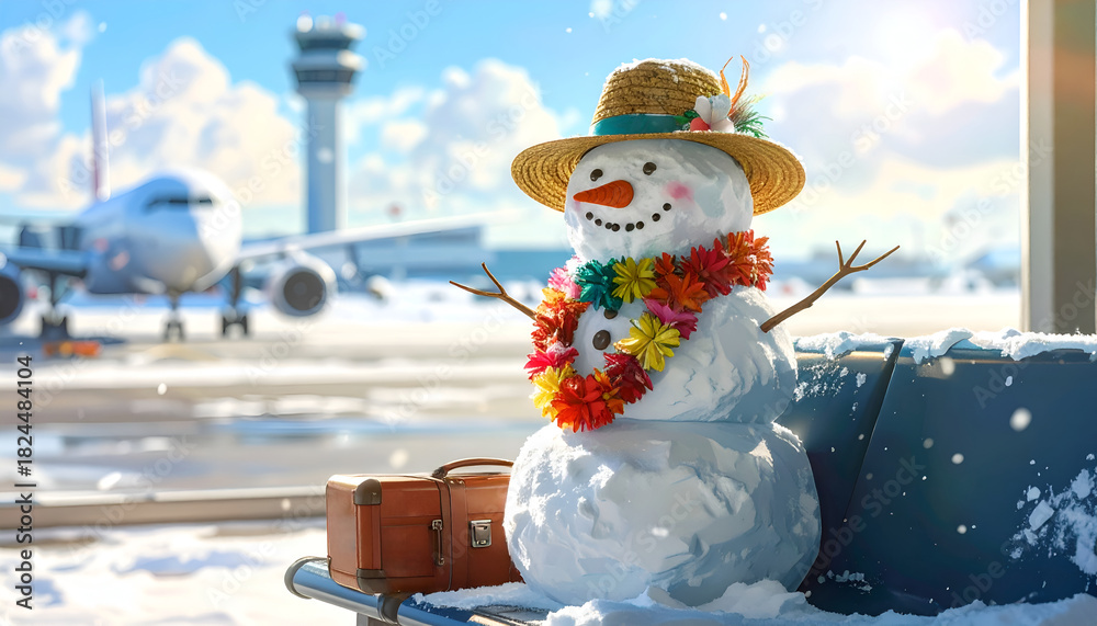 custom made wallpaper toronto digitalFunny winter travel concept. Snowman wearing a straw hat and floral lei sitting with a suitcase at a snowy airport terminal, ready for a tropical vacation.