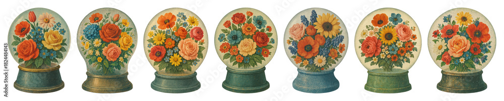Obraz premium PNG Vintage floral snow globes collection, element set on transparent background