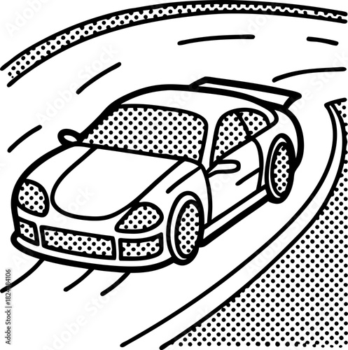 Stylized racing sports car on curved road in halftone comic illustration