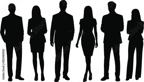 Business silhouettes, professional people, confident stance, formal attire, corporate team, black