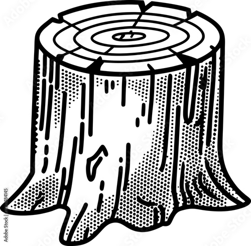 Tree stump illustration with detailed rings and bark texture for forestry, lumber, nature and woodcut design