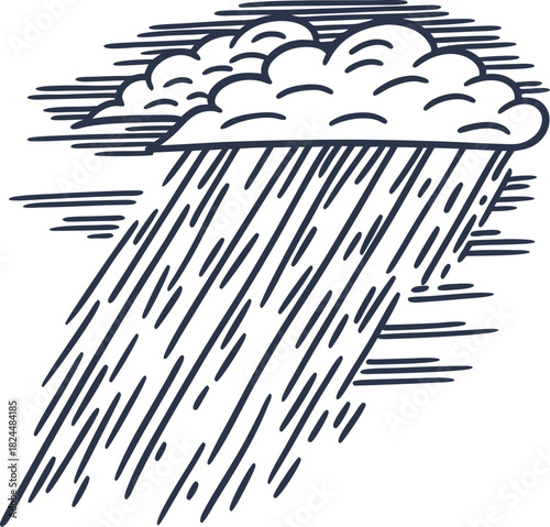 heavy rainfall from dense cloud hand drawn linear storm illustration with falling rain lines